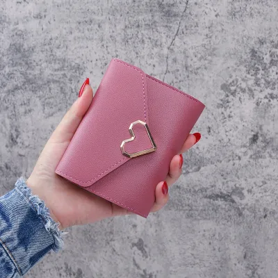 Simple Solid Color Metal Heart-Shaped 3-Folding PU Leather Wallet