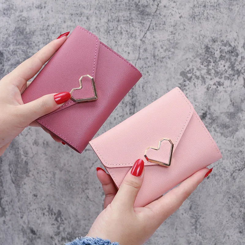 Simple Solid Color Metal Heart-Shaped 3-Folding PU Leather Wallet