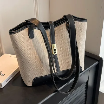 Vintage Contrast Spliced Large Capacity Canvas Tote Shoulder Bag