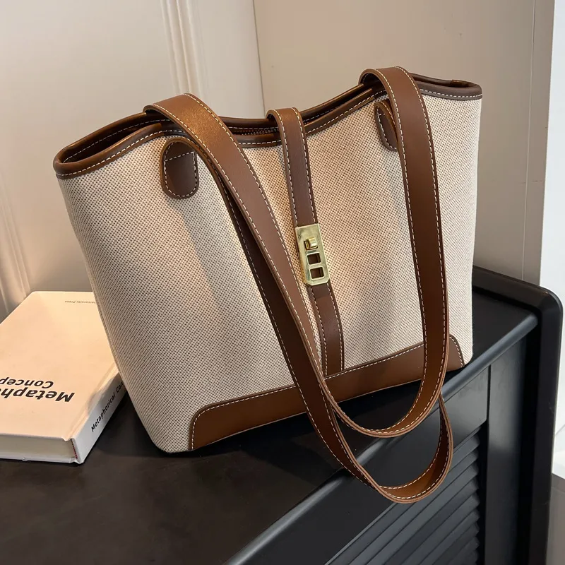 Vintage Contrast Spliced Large Capacity Canvas Tote Shoulder Bag