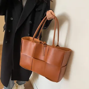 Women Retro Large Woven PU Tote Bag Shoulder Bag