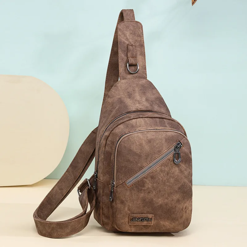 Women Fashionable Casual Solid Color Multi-Layer Large Capacity Zipper PU Chest Bag S-5XL