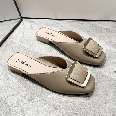 Summer Women Lady Square Buckle Flat PVC Slip On Mules Shoes