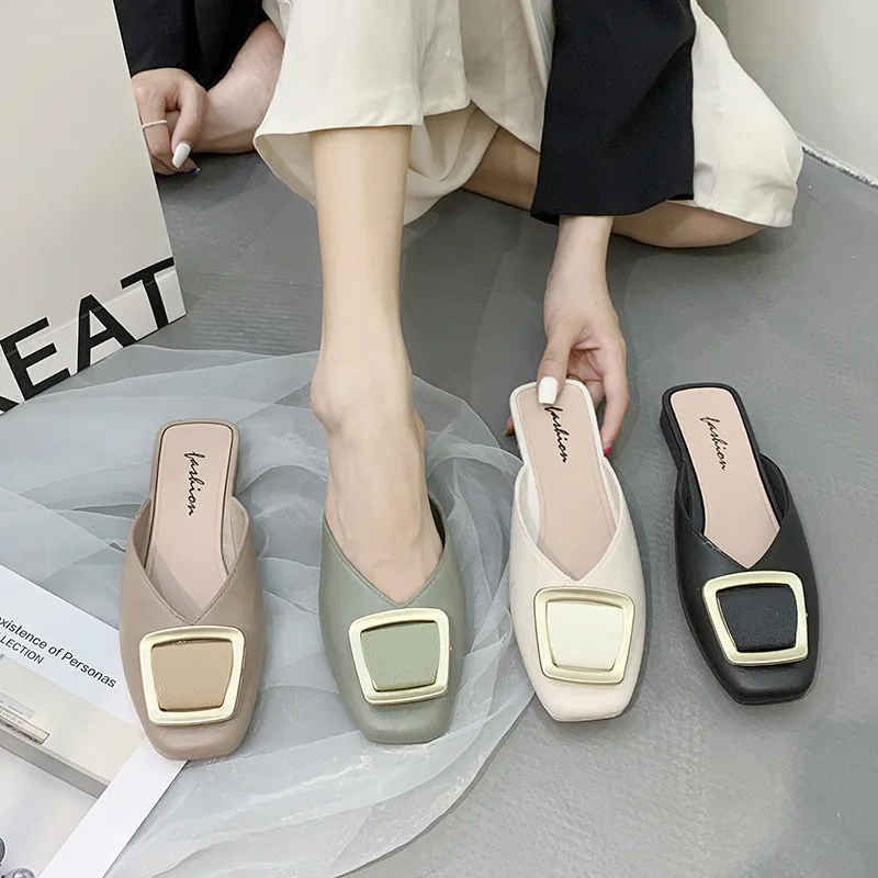 Summer Women Lady Square Buckle Flat PVC Slip On Mules Shoes