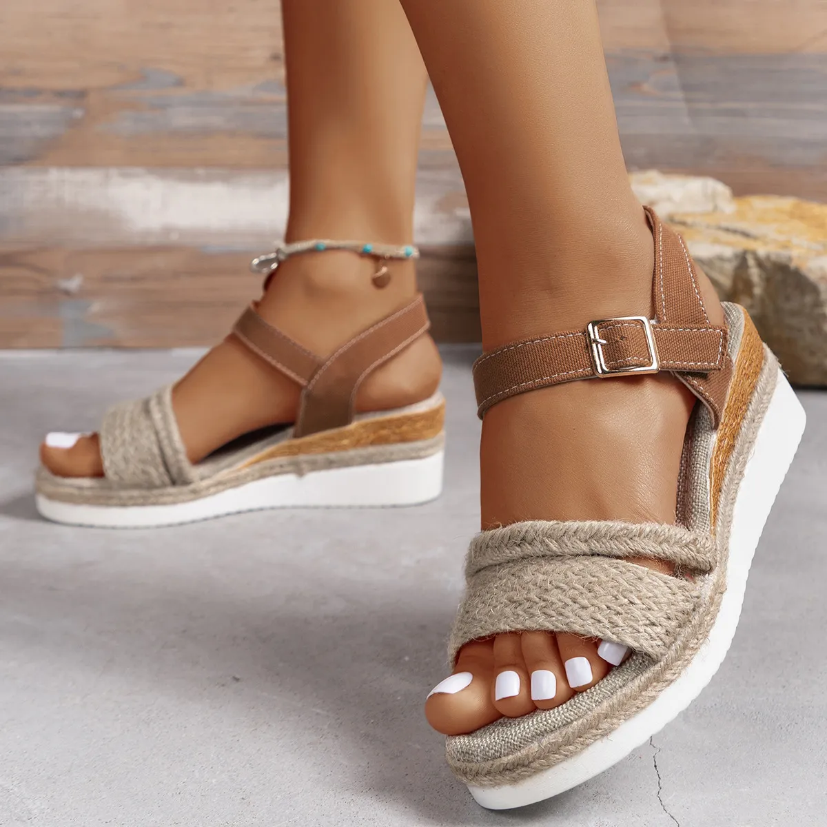 Summer Women Casual Plus Size Straw Woven Hemp Rope Wedge Heel Sandals
