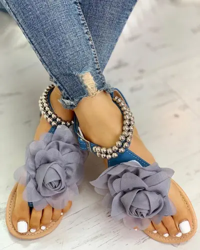 Bohemian Casual Floral Beaded Flat Sandals Women Solid Color Round Toe Low Top Artificial PU