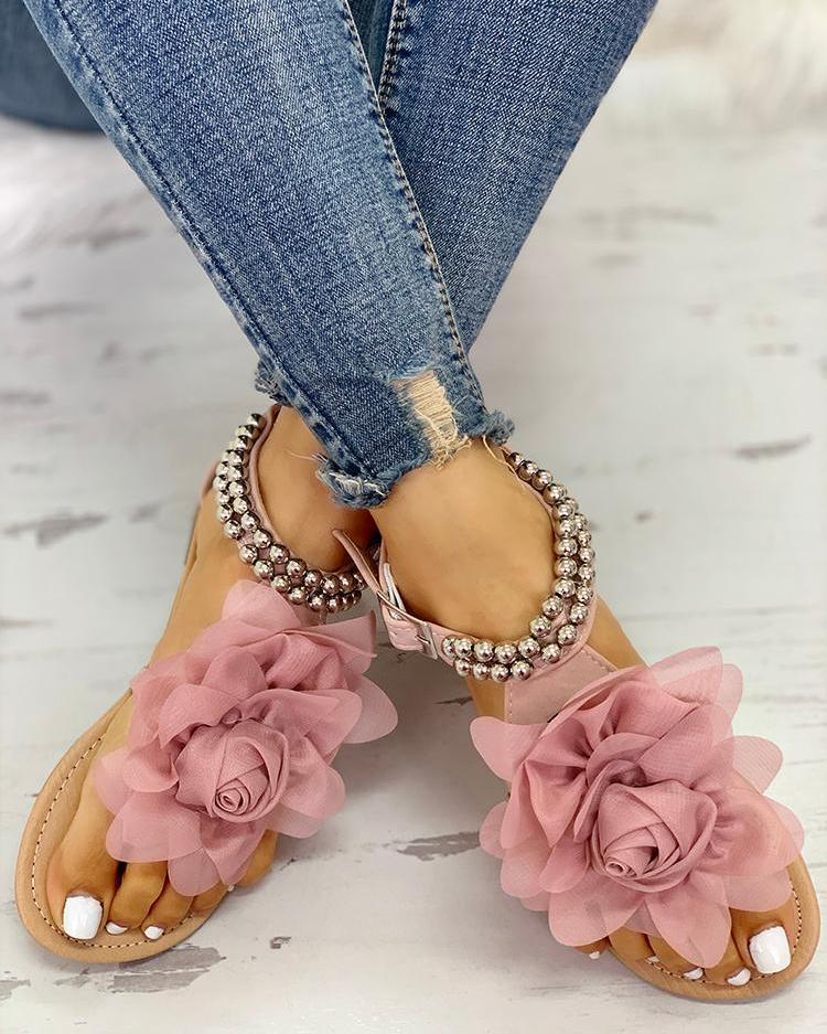 Wholesale Bohemian Casual Floral Beaded Flat Sandals