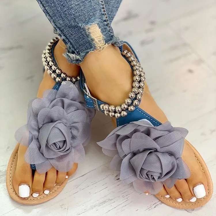 Bohemian Casual Floral Beaded Flat Sandals Women Solid Color Round Toe Low Top Artificial PU