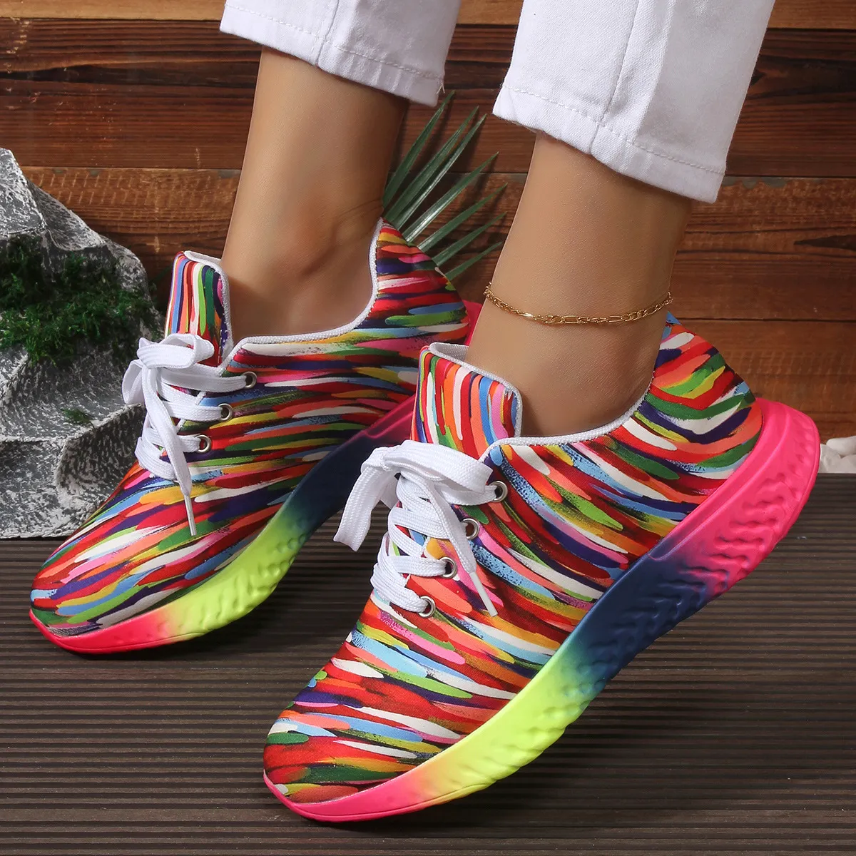 Women Fashion Casual Plus Size Rainbow Print Lace-Up Low Top Sneaker