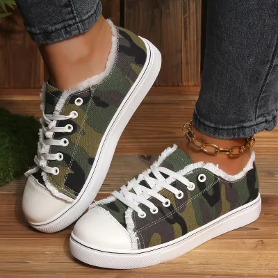 Women Casual Plus Size Camouflage Printed Toe Flat Canvas Shoes