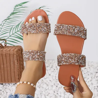Plus Size Women's Fashion Sequined Flat Slippers Slip On Leisure Shoes