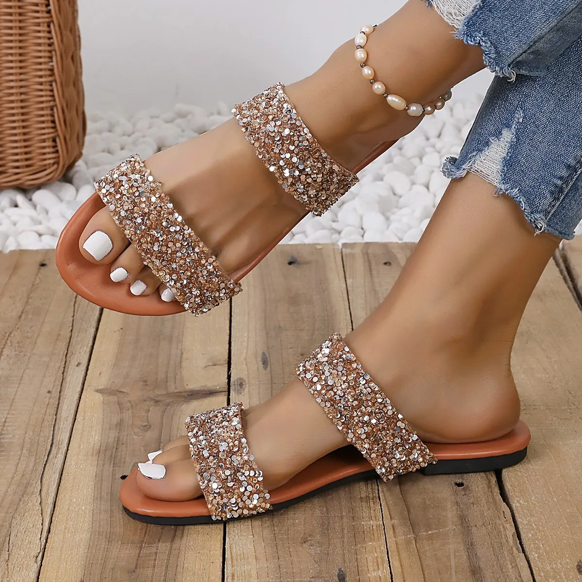 Plus Size Women's Fashion Sequined Flat Slippers Slip On Leisure Shoes