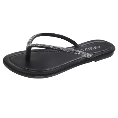 Summer Women Casual Plus Size Round Toe Flat Bottom Rhinestone Flip-Flop Slippers