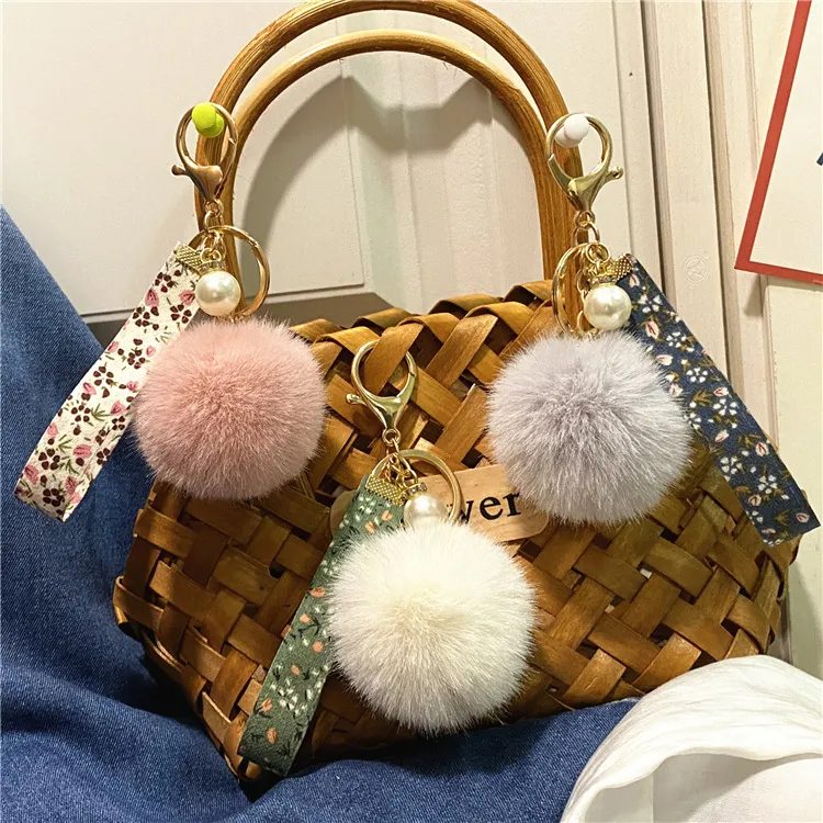 Creative Tiny Flower Webbing Fur Ball Key Chain Unisex Metal Plush Keychain
