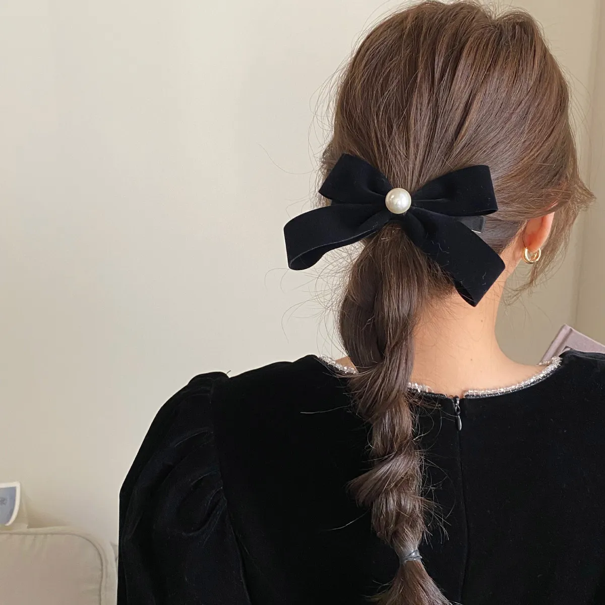 Vintage Black Velvet Pearl Bow Hair Clip