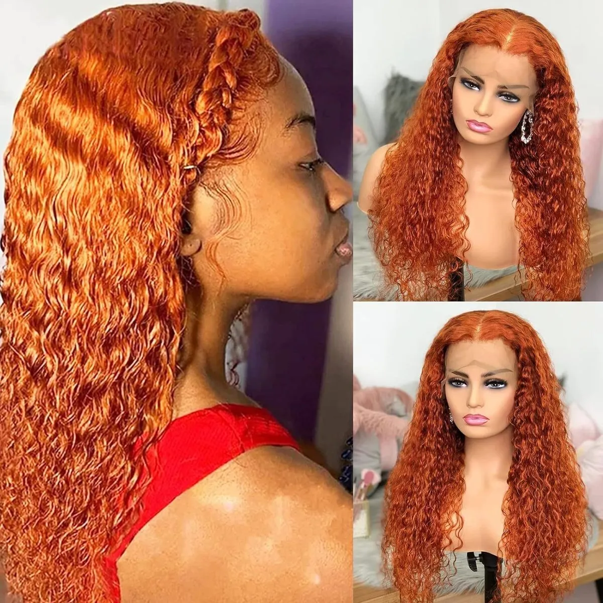 Women Fashion Orange Lace Front Long Curly Wig with Mid-Length Curls