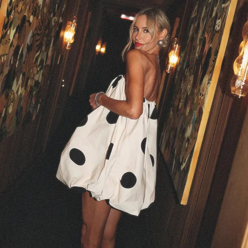 Women Sexy Polka Dot Print Mini Strapless Dress