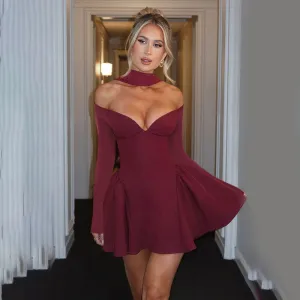 Women Elegant Solid Color High Waist Strapless Long Sleeve Bodycon Dress