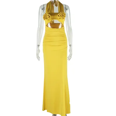 Women Sexy Solid Color Hanging Neck Bodycon Maxi Dress