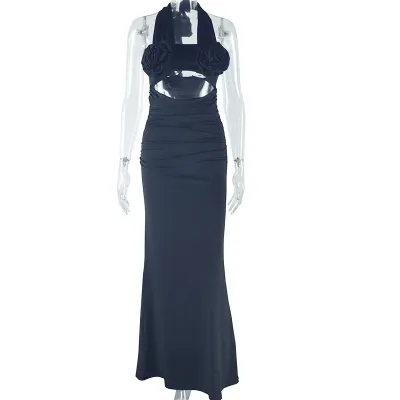 Women Sexy Solid Color Hanging Neck Bodycon Maxi Dress