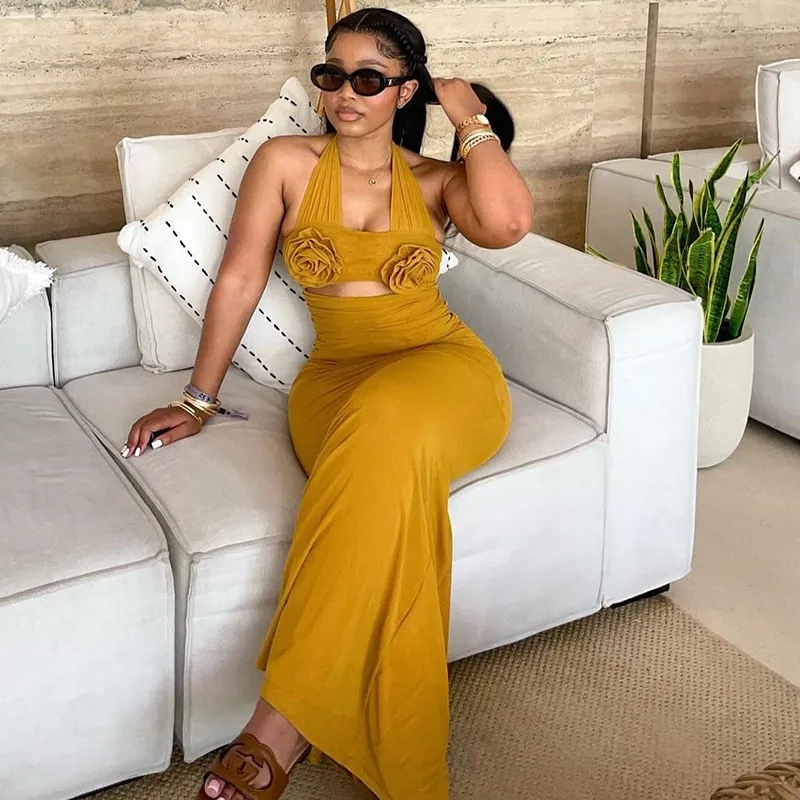 Women Sexy Solid Color Hanging Neck Bodycon Maxi Dress