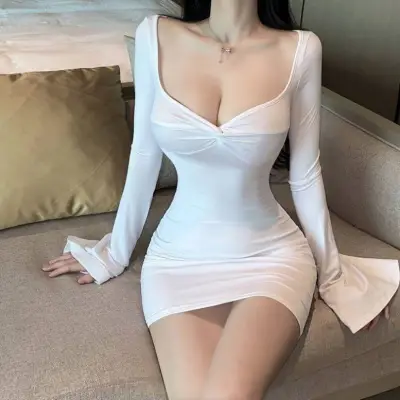 Women Sexy Solid Color Long Sleeve Bodycon Dress