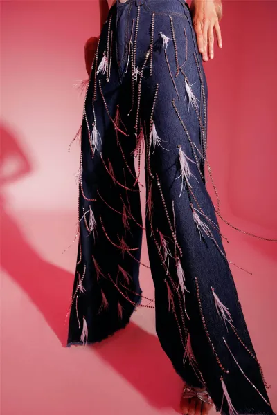 Women Fashion Feather Tassel Split Straight Leg Jeans