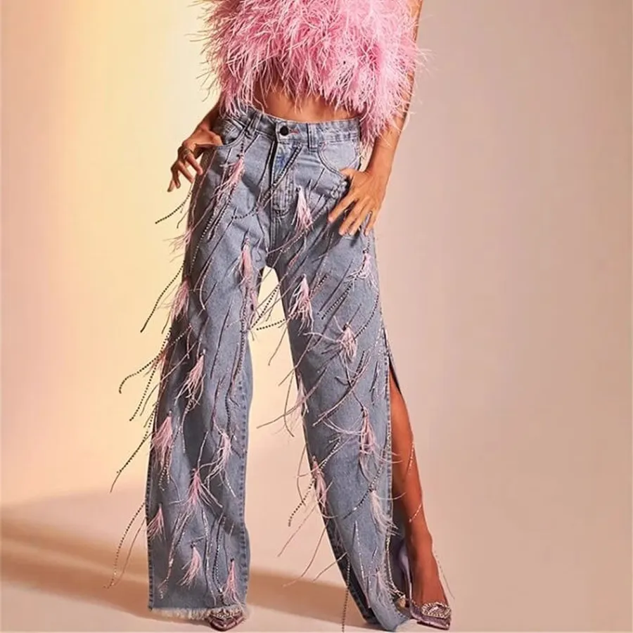 Women Fashion Feather Tassel Split Straight Leg Jeans