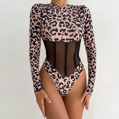 Women Sexy Leopard Print Long Sleeve Bodysuit