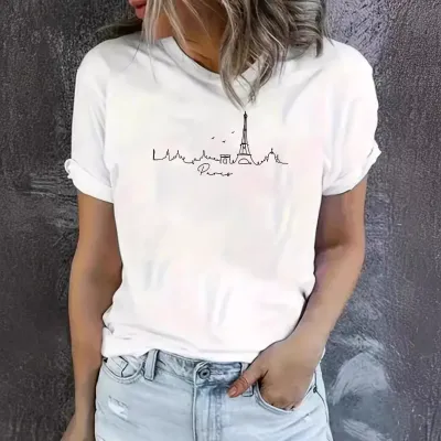 Paris Tower Plus Size Women T-Shirt Street Hipster Polyester Crewneck