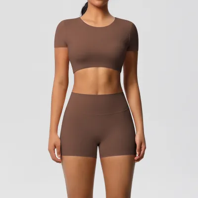 Women Yoga Solid Color Sports Two-Piece Set with Leg-Bundled Pants