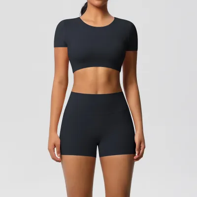 Women Yoga Solid Color Sports Two-Piece Set with Leg-Bundled Pants