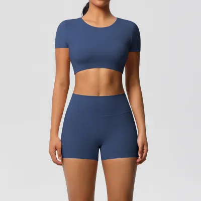 Women Yoga Solid Color Sports Two-Piece Set with Leg-Bundled Pants