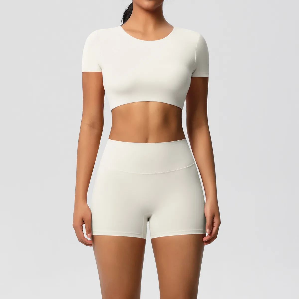 Women Yoga Solid Color Sports Two-Piece Set with Leg-Bundled Pants