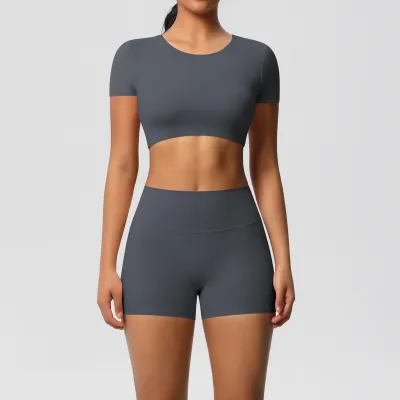 Women Yoga Solid Color Sports Two-Piece Set with Leg-Bundled Pants