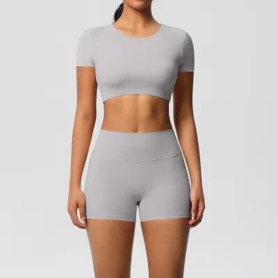 Women Yoga Solid Color Sports Two-Piece Set with Leg-Bundled Pants