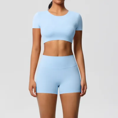 Women Yoga Solid Color Sports Two-Piece Set with Leg-Bundled Pants