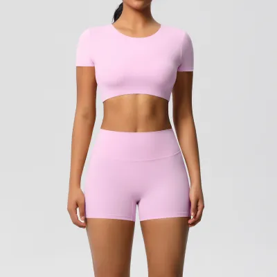 Women Yoga Solid Color Sports Two-Piece Set with Leg-Bundled Pants
