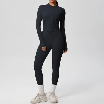 Women Yoga Solid Color Long Sleeve Top Leg-Bundled Pants Two-Piece Set