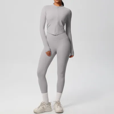 Women Yoga Solid Color Long Sleeve Top Leg-Bundled Pants Two-Piece Set
