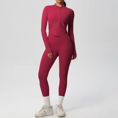 Women Yoga Solid Color Long Sleeve Top Leg-Bundled Pants Two-Piece Set