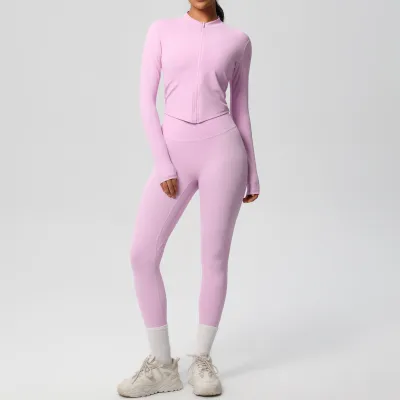 Women Yoga Solid Color Long Sleeve Top Leg-Bundled Pants Two-Piece Set