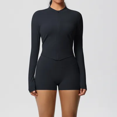 Women Yoga Solid Color Long Sleeve Top And Leg-Bundled Shorts Sport Two-Piece Set