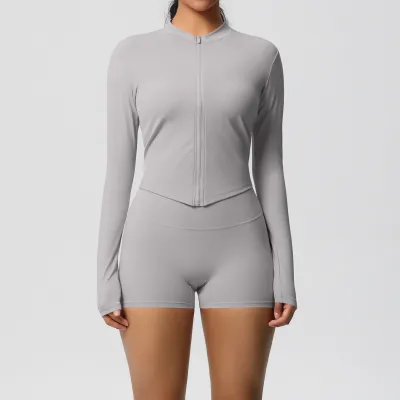 Women Yoga Solid Color Long Sleeve Top And Leg-Bundled Shorts Sport Two-Piece Set