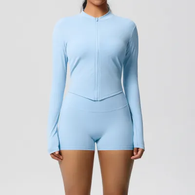 Women Yoga Solid Color Long Sleeve Top And Leg-Bundled Shorts Sport Two-Piece Set