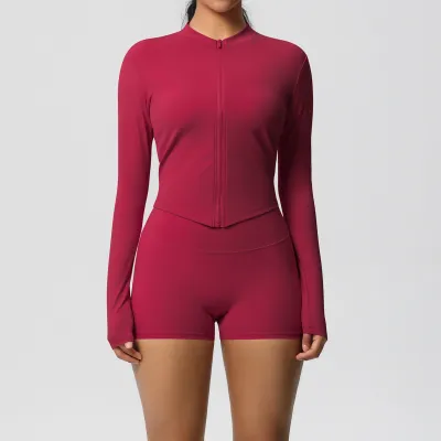 Women Yoga Solid Color Long Sleeve Top And Leg-Bundled Shorts Sport Two-Piece Set