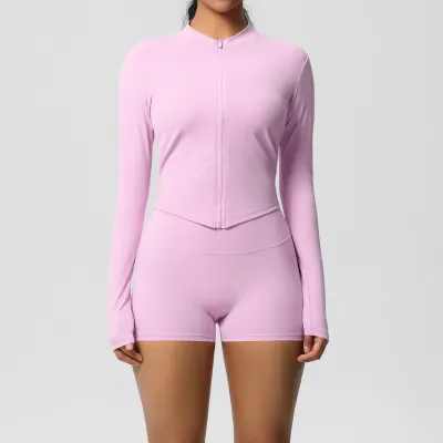 Women Yoga Solid Color Long Sleeve Top And Leg-Bundled Shorts Sport Two-Piece Set