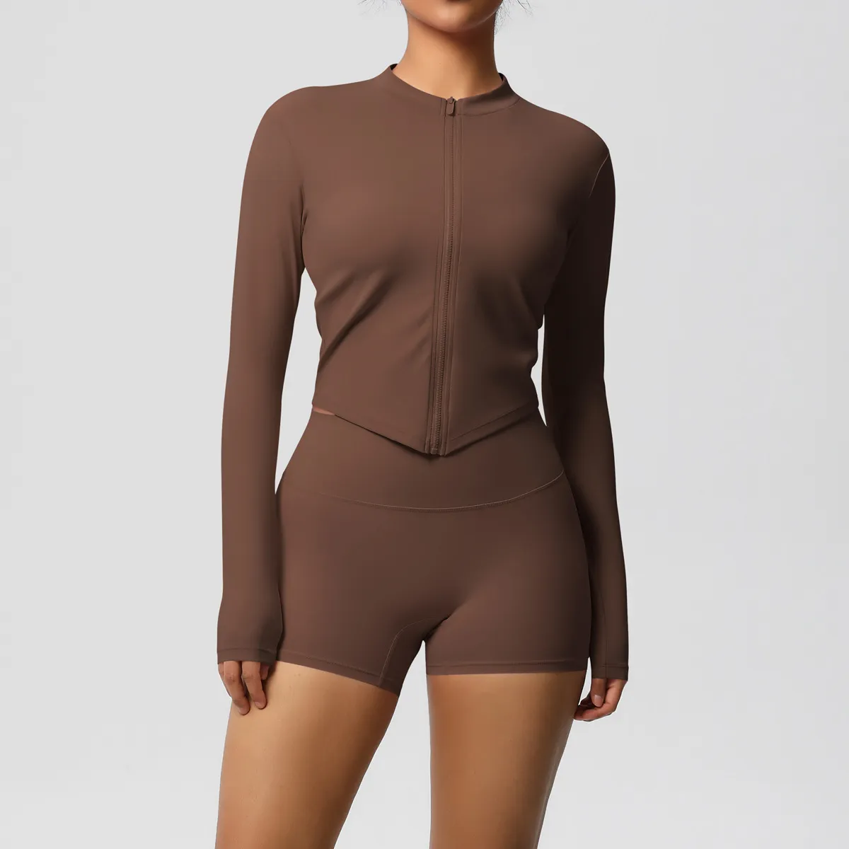 Women Yoga Solid Color Long Sleeve Top And Leg-Bundled Shorts Sport Two-Piece Set