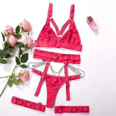 Women Sexy Solid Color Chain Lingerie Bra Set