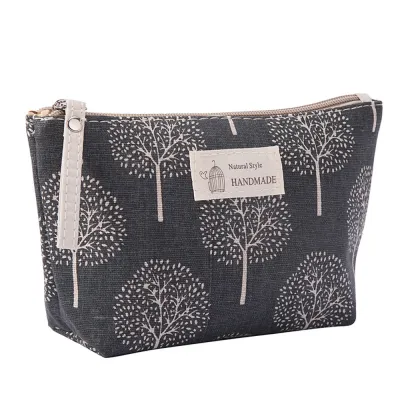 Women Simple Cartoon Plaid Leaves Printed Canvas Cosmetic Bag Handbag